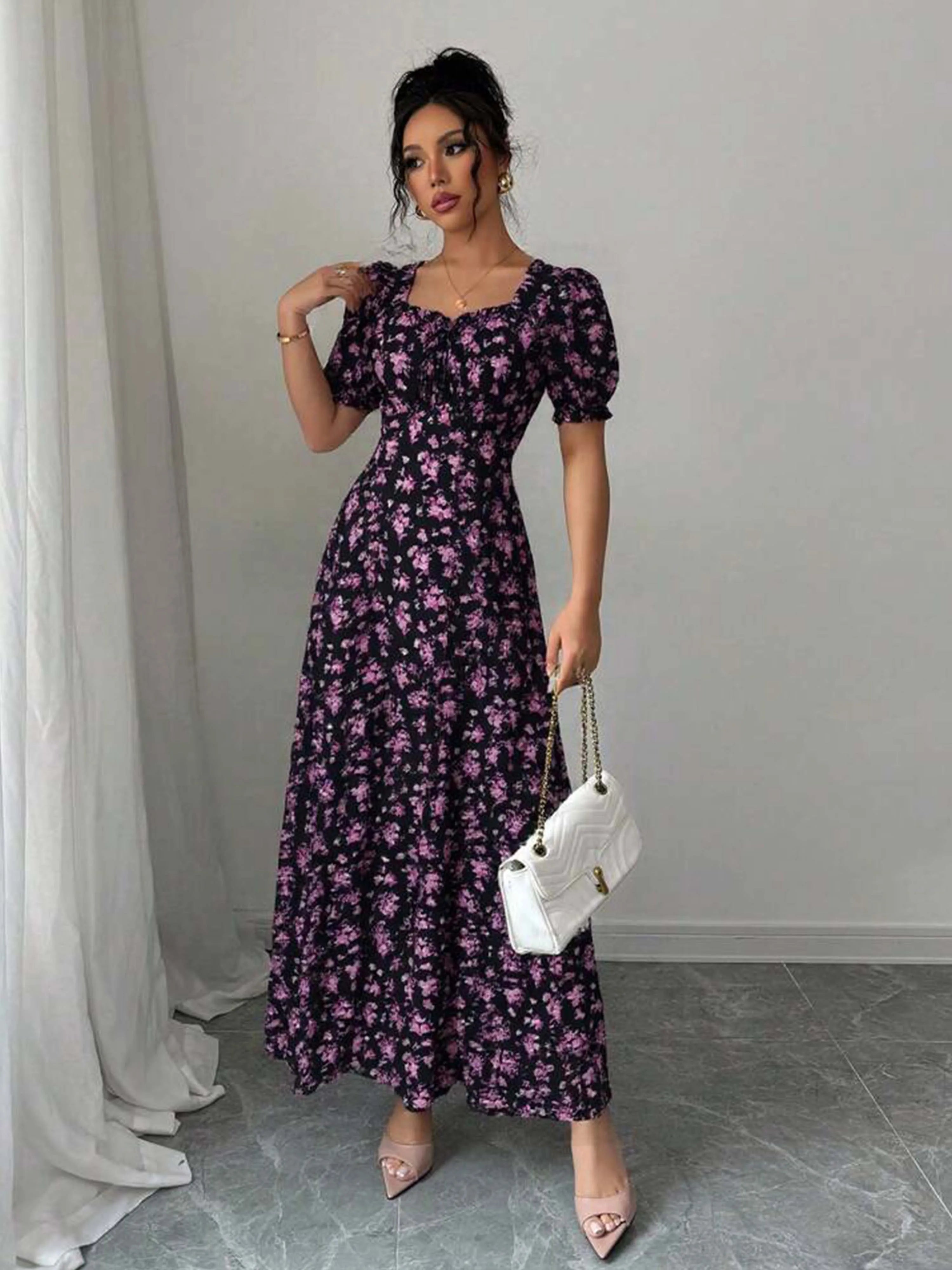 Women's Summer Elegant Casual Puff Sleeve Square Neck Black Floral Print Maxi Dress