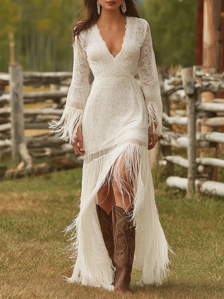 Elegant Vintage Women's Boho Tassel Dress White Lace V Neck Fringe Sleeve Autumn Fashion Party Dress Wedding Guest Maxi Dresses