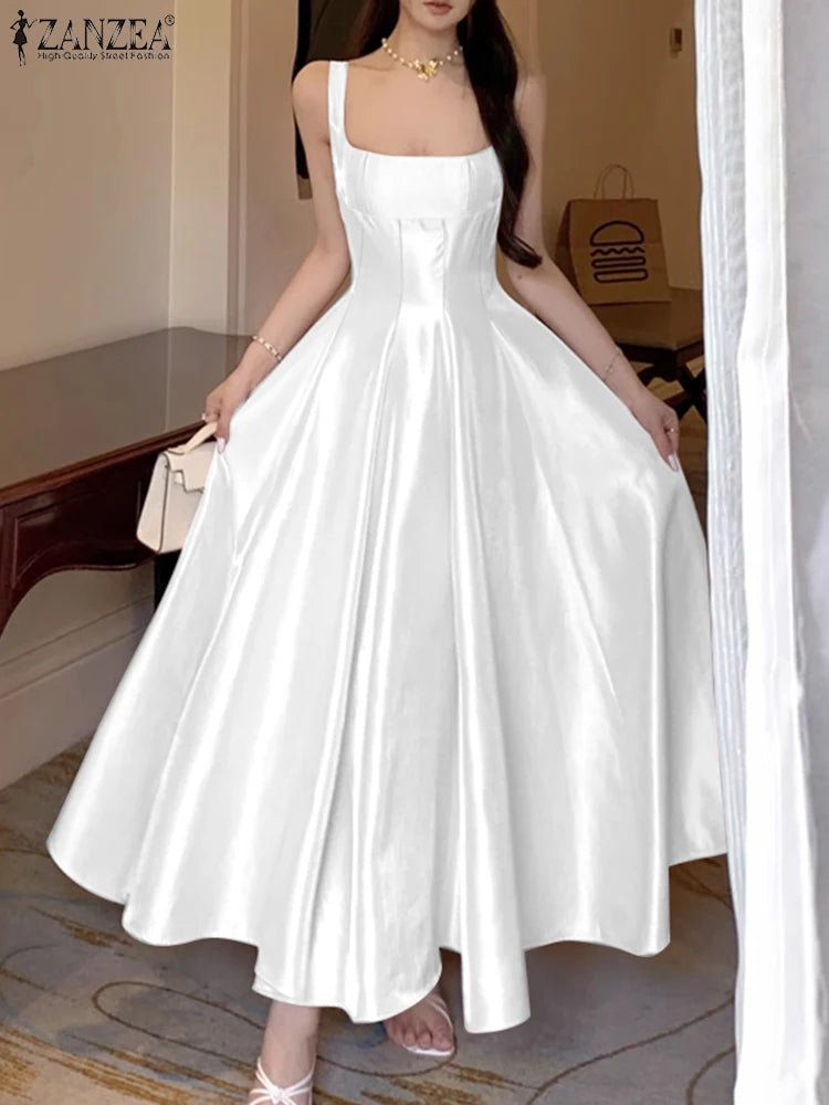 ZANZEA Women's Elegant White Satin Long Dresses Wedding Guest Cocktail Evening Party Dress Square Neck Sleeveless Woman Clothes