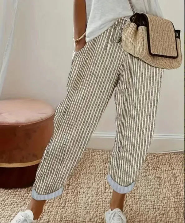 European and American Cross border Women's Summer New Fashionable Loose Stripe Printed Elastic Waist Drawstring Casual Pants