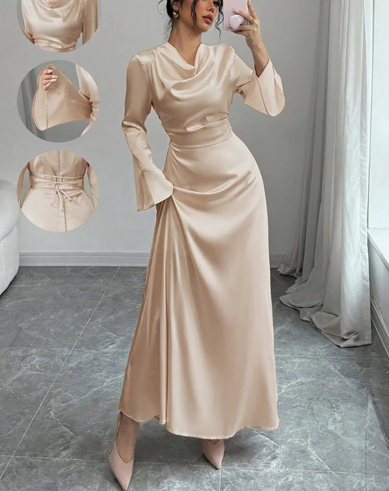 Maxi Dress Spring Summer Women Champagne Satin Cowl Neck Flared Sleeve Belted Elegant Luxurious Party Wedding Evening Dress